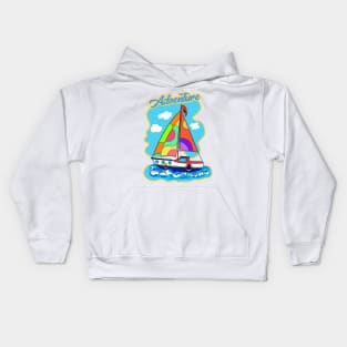 Adventure. Summer Travel in a boat with sails, Beautiful Sea, Sky, blue boat with sail illustration. Gifts for boy. Cartoon, cute ship Kids Hoodie